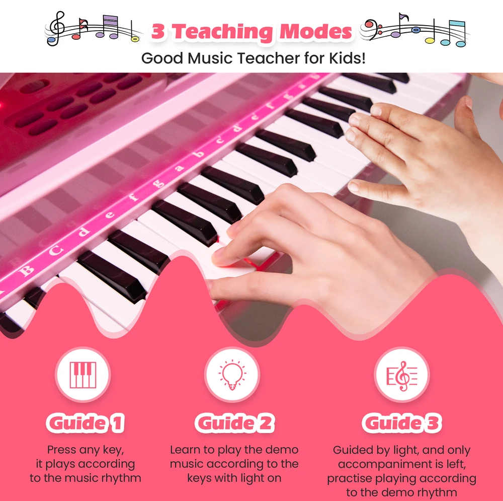 Promotions Vaikiškas pianino klaviatūros rinkinys su kėdute ir mikrofonu, 37 klavišai, rožinė