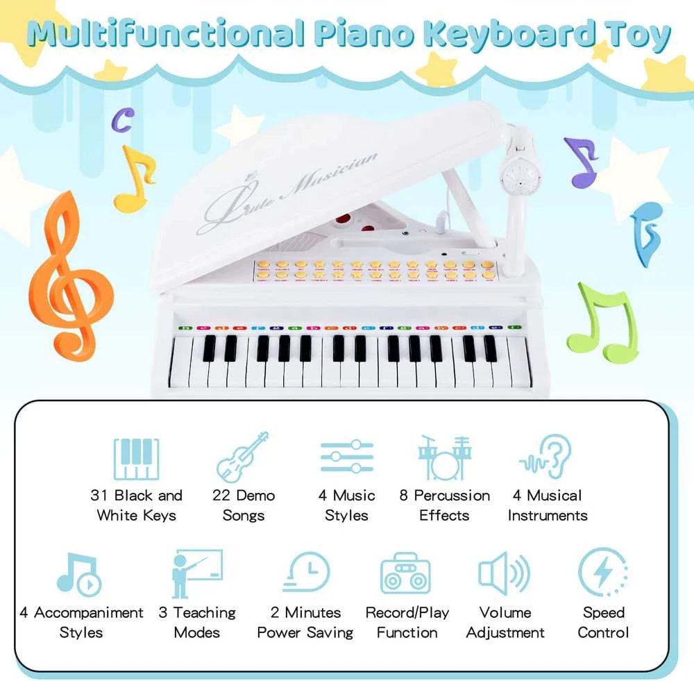 Promotions Vaikiškas pianino klaviatūros komplektas su kėdute ir mikrofonu, 35.6x30.5x54.6 cm, baltas
