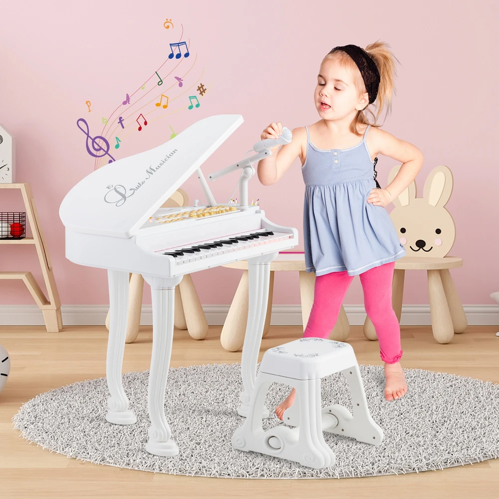 Promotions Vaikiškas pianino klaviatūros rinkinys su kėdute ir mikrofonu, 37 klavišai, baltas