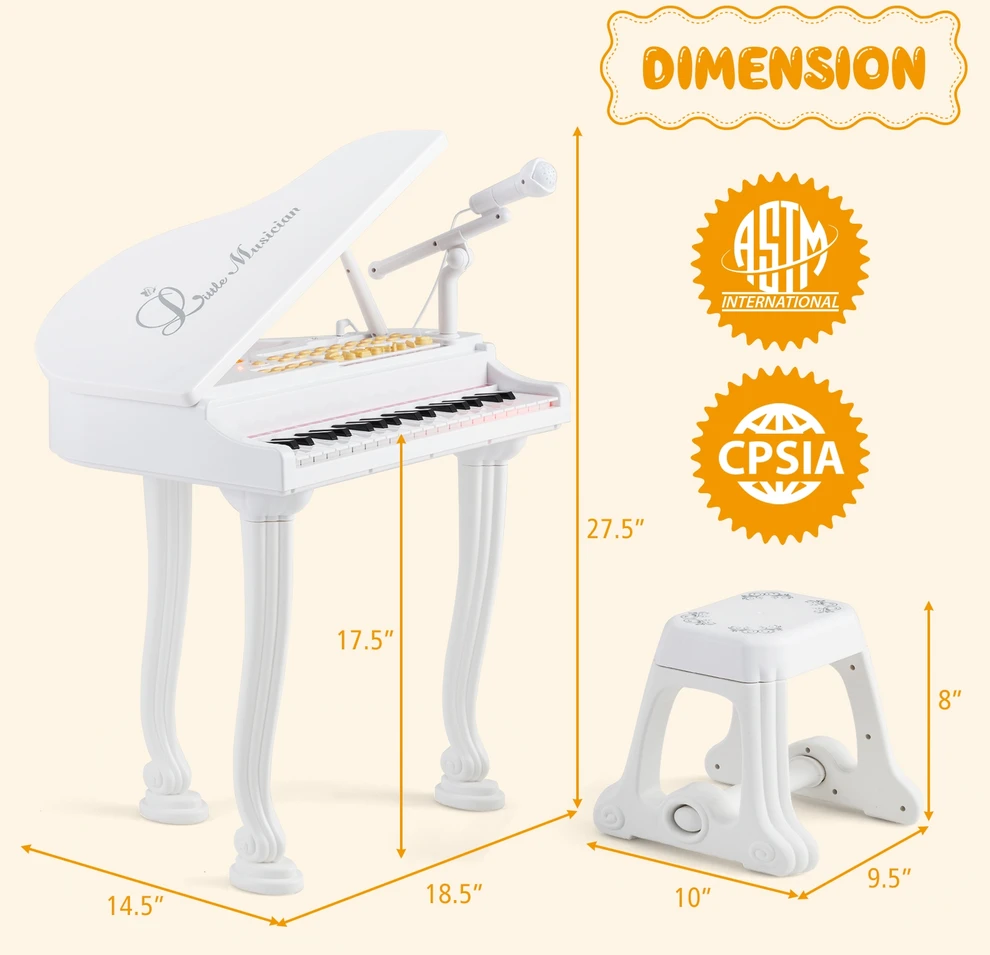 Promotions Vaikiškas pianino klaviatūros rinkinys su kėdute ir mikrofonu, 37 klavišai, baltas