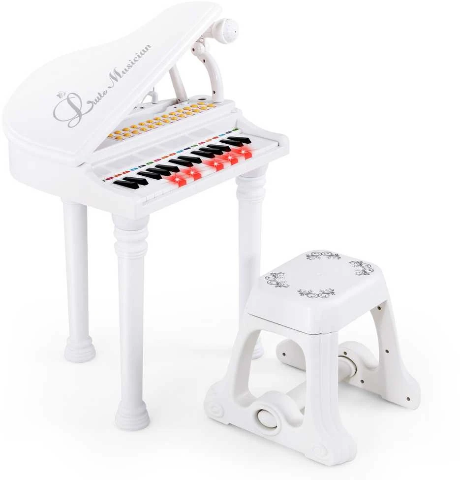 Promotions Vaikiškas pianino klaviatūros komplektas su kėdute ir mikrofonu, 35.6x30.5x54.6 cm, baltas