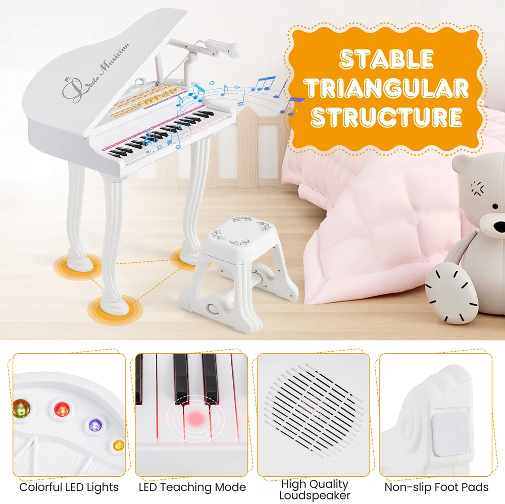 Promotions Vaikiškas pianino klaviatūros rinkinys su kėdute ir mikrofonu, 37 klavišai, baltas
