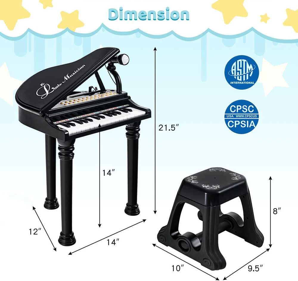 Promotions Vaikiškas pianino klaviatūros komplektas su taburete ir mikrofonu, 35,6x30,5x54,6 cm, juodas