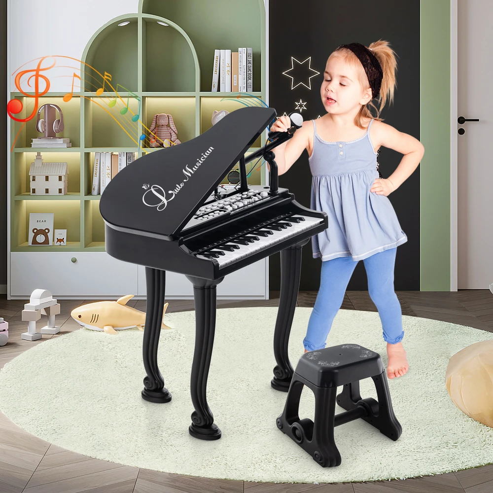 Promotions Vaikiškas pianino klaviatūros komplektas su kėdute ir mikrofonu, 37 klavišai, juodas