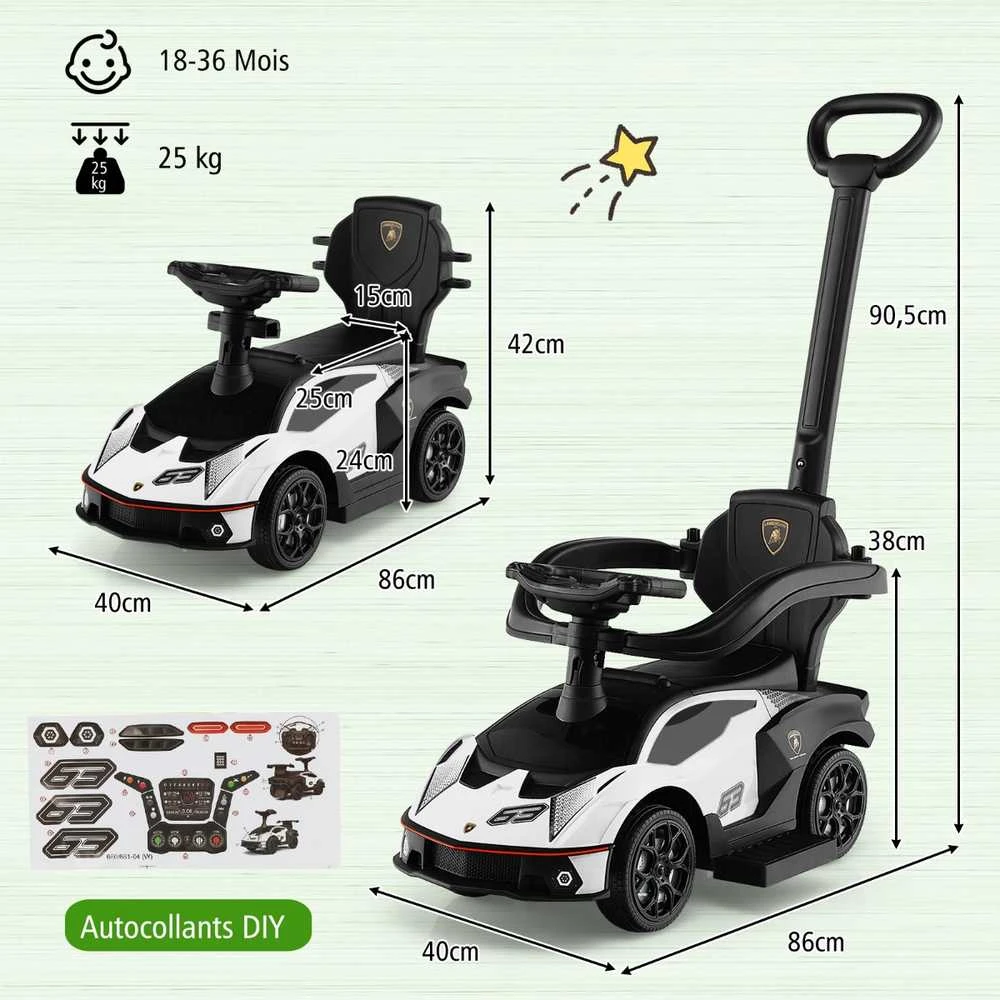 Promotions Vaikiškas stumdomas automobilis, licencijuotas Lamborghini, 86.4x39.4x90.2 cm, žalia balta