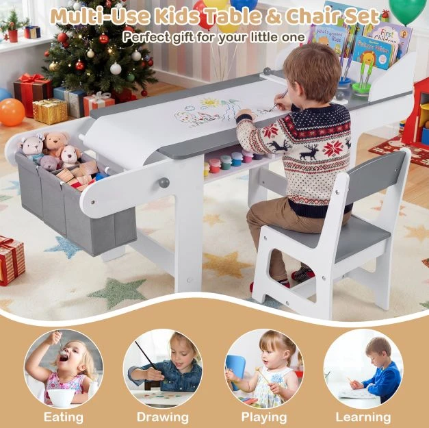 Promotions Vaikų meno stalas ir kėdžių komplektas su popieriaus ritiniu 135,9x45,7x67,3 cm pilka/balta