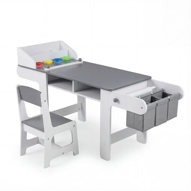 Promotions Vaikų meno stalas ir kėdžių komplektas su popieriaus ritiniu 135,9x45,7x67,3 cm pilka/balta