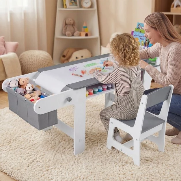 Promotions Vaikų meno stalas ir kėdžių komplektas su popieriaus ritiniu 135,9x45,7x67,3 cm pilka/balta