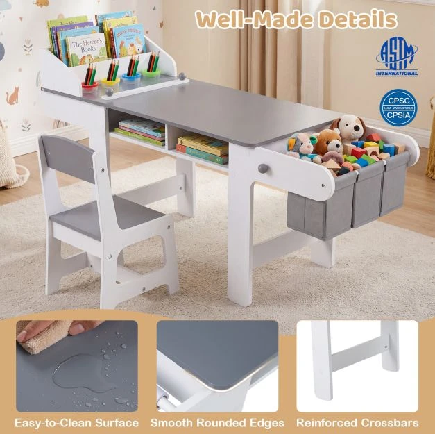 Promotions Vaikų meno stalas ir kėdžių komplektas su popieriaus ritiniu 135,9x45,7x67,3 cm pilka/balta