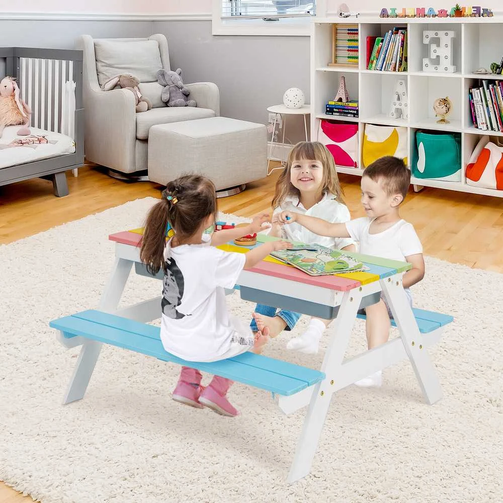 Promotions Vaikų pikniko stalas, 3-in-1 lauko vandens ir smėlio stalas, 92.7x86.4x49.5 cm, mėlynas
