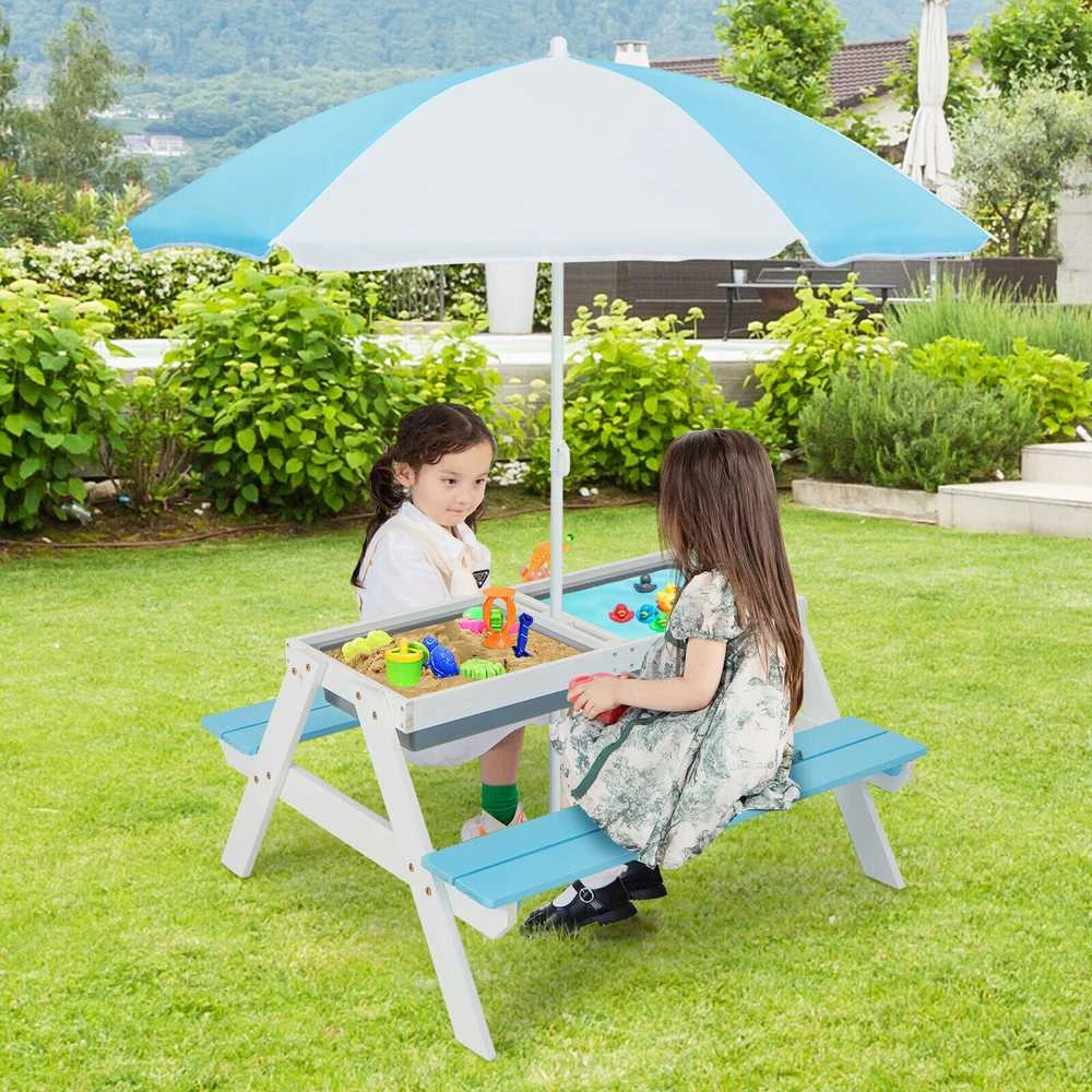 Promotions Vaikų pikniko stalas, 3-in-1 lauko vandens ir smėlio stalas, 92.7x86.4x49.5 cm, mėlynas