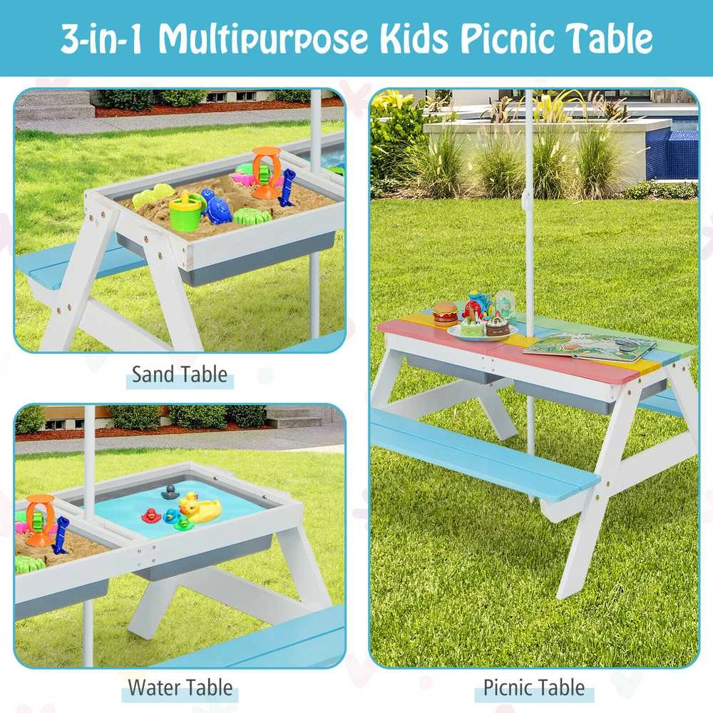 Promotions Vaikų pikniko stalas, 3-in-1 lauko vandens ir smėlio stalas, 92.7x86.4x49.5 cm, mėlynas
