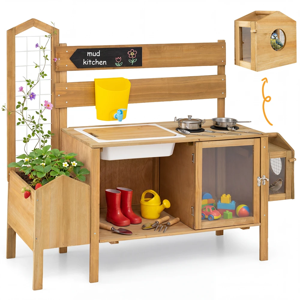 Promotions Vaikų purvo virtuvė su nuimama paukščių narveliu ir viryklėmis 107x35,5x96,5 cm natūrali