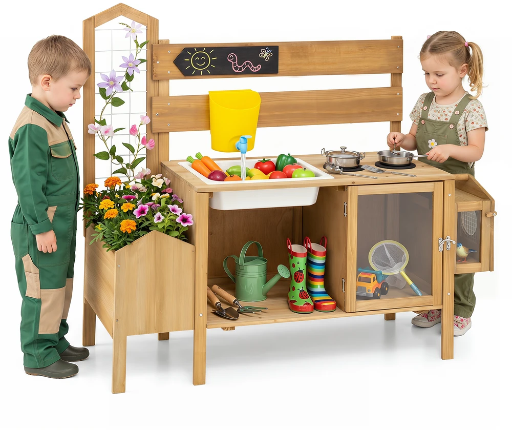 Promotions Vaikų purvo virtuvė su nuimama paukščių narveliu ir viryklėmis 107x35,5x96,5 cm natūrali