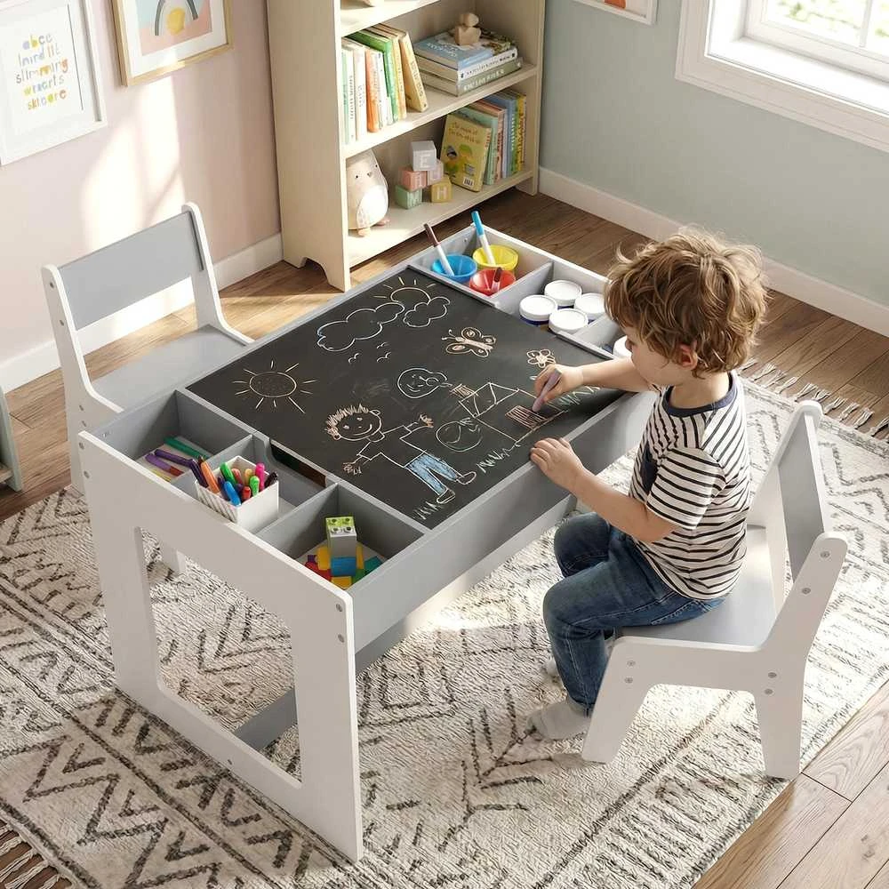 Promotions Vaikų stalas ir 2 kėdžių komplektas, 80x49.5x48.3 cm, pilka, kreidinis paviršius
