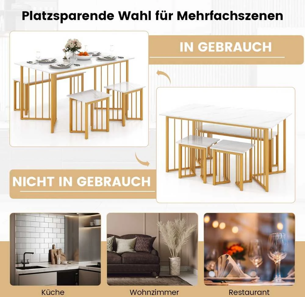 Promotions Valgomojo stalo komplektas, 150x80x75 cm, baltas, auksinis