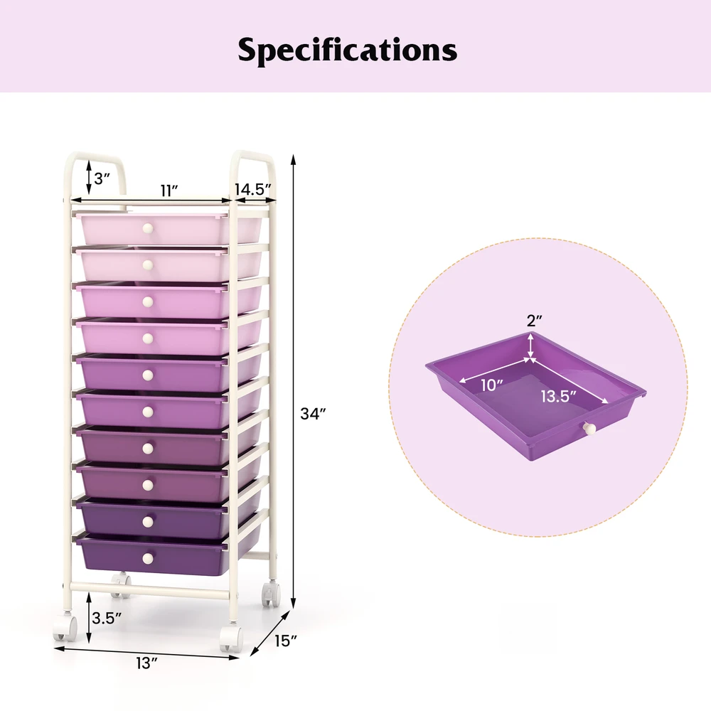 Promotions Vežimėlis su stalčiais, 10 stalčių, 4 ratukai, violetinis