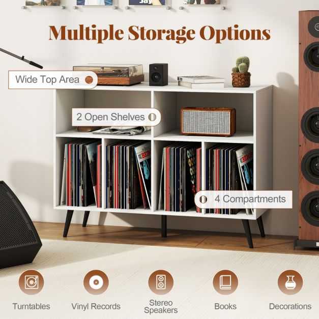 Promotions Vinilo plokštelių stovas, 5 kojų patefono stovas su lentynomis daiktams laikyti, baltas