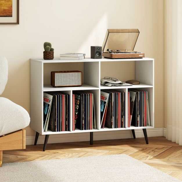 Promotions Vinilo plokštelių stovas, 5 kojų patefono stovas su lentynomis daiktams laikyti, baltas