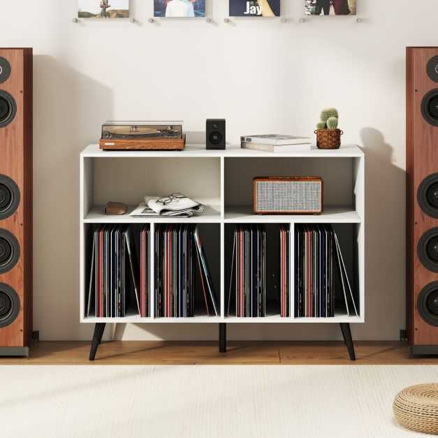 Promotions Vinilo plokštelių stovas, 5 kojų patefono stovas su lentynomis daiktams laikyti, baltas