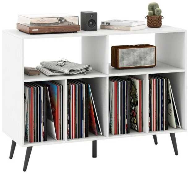 Promotions Vinilo plokštelių stovas, 5 kojų patefono stovas su lentynomis daiktams laikyti, baltas