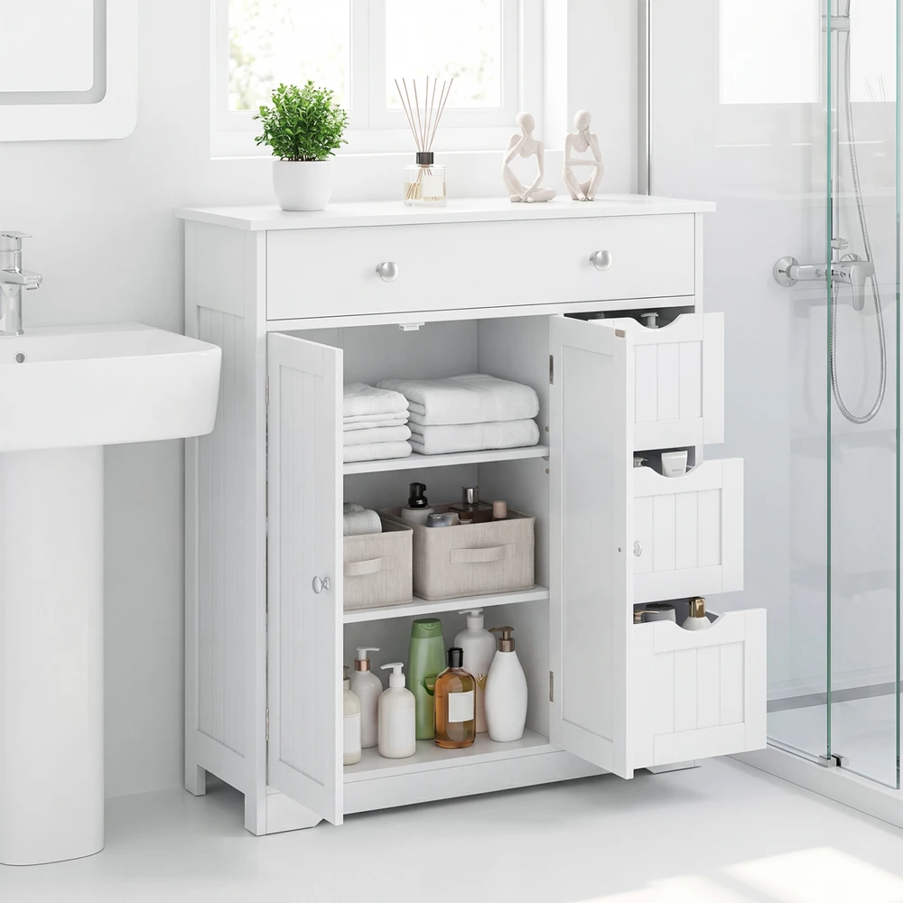 Promotions Vonios kambario grindų spintelė su 4 stalčiais ir 2 durelėmis 80x30,5x81,3 cm balta