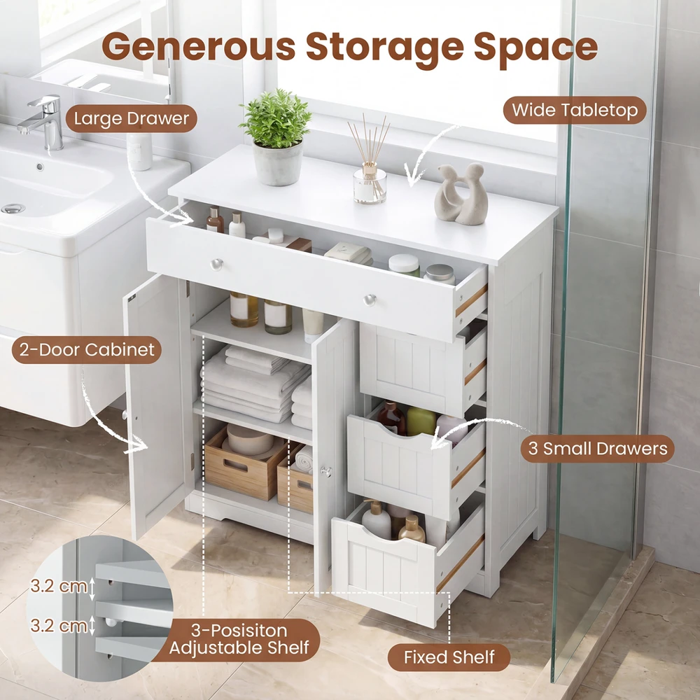 Promotions Vonios kambario grindų spintelė su 4 stalčiais ir 2 durelėmis 80x30,5x81,3 cm balta