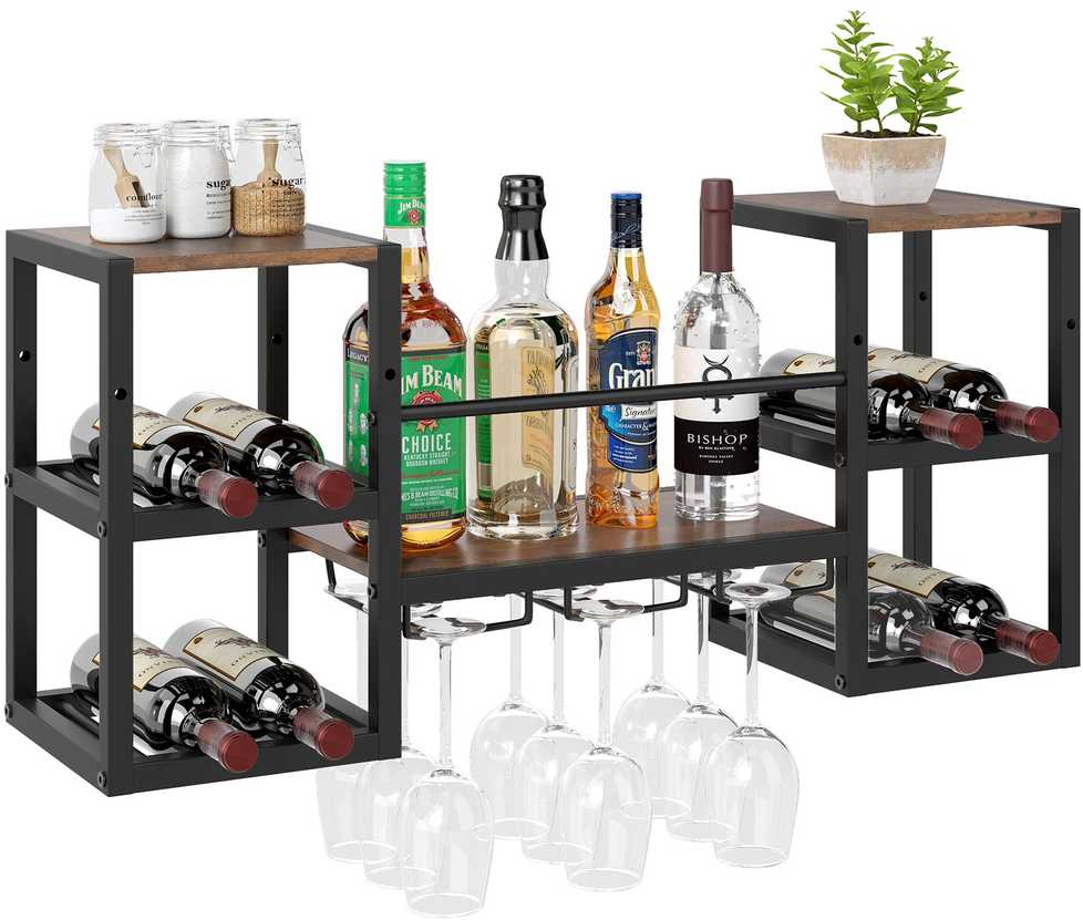 Promotions Sieninis vyno laikiklis, 8 butelių laikiklis su stiklo laikikliu ir atvira lentyna, metalas, ruda