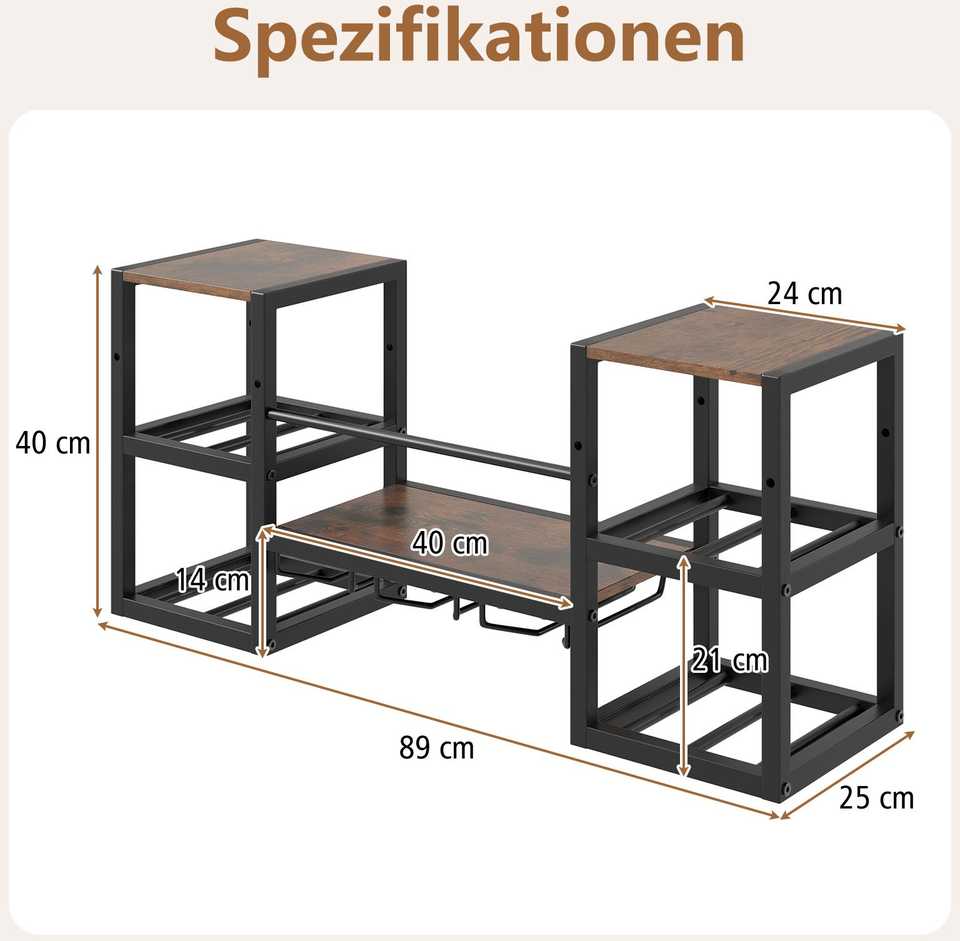 Promotions Sieninis vyno laikiklis, 8 butelių laikiklis su stiklo laikikliu ir atvira lentyna, metalas, ruda