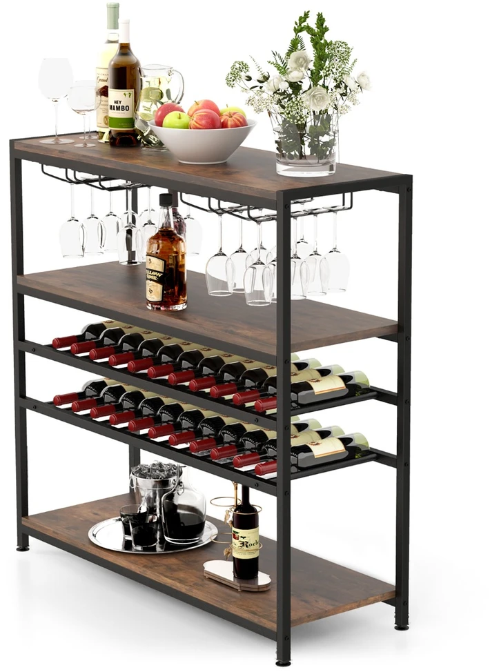 Promotions Vyno lentyna-stalas 5 aukštų su stiklo laikikliu 101.6x35.6x101.6 cm, kaimiškos rudos spalvos