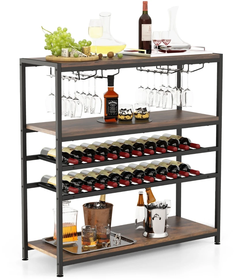 Promotions Vyno lentyna-stalas 5 aukštų su stiklo laikikliu 101.6x35.6x101.6 cm, kaimiškos rudos spalvos