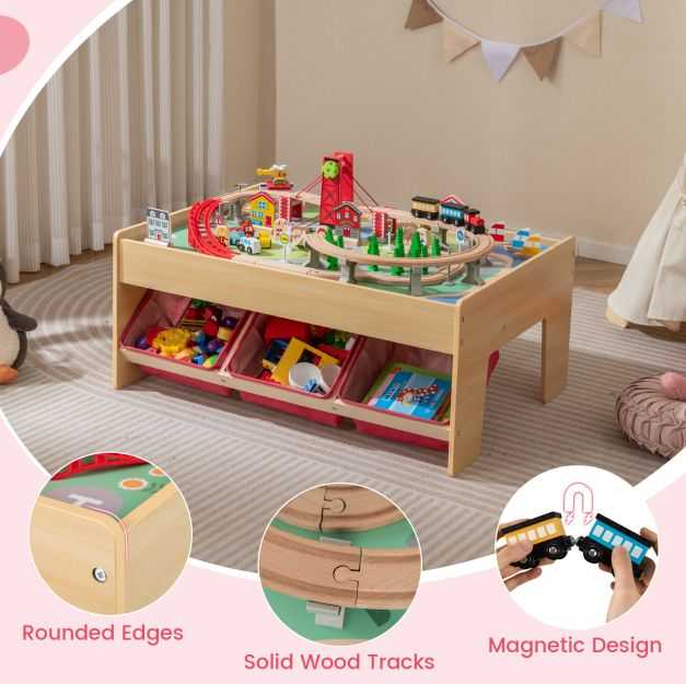 Promotions Medinis traukinių rinkinys su stalu, 91,4x63,5x39,4 cm, raudonas