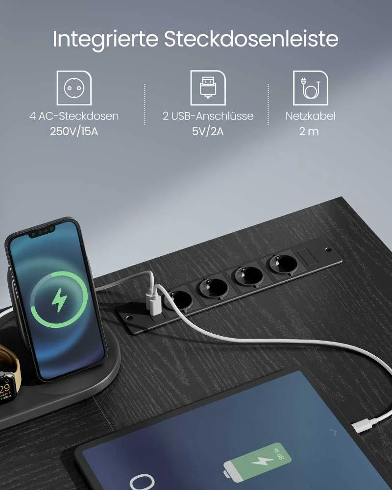 Songmics Vasagle "L" formos stalas su elektros lizdais juodmedžio juoda spalva