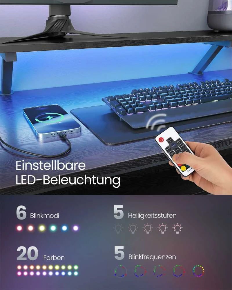 Songmics Vasagle "L" formos stalas su elektros lizdais juodmedžio juoda spalva