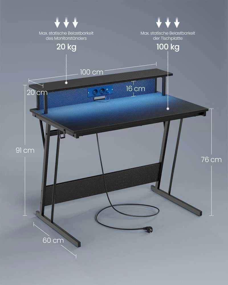 Songmics Vasagle Rašomasis stalas su maitinimo juosta 60 x 100 x 76 cm suodžių juodos spalvos