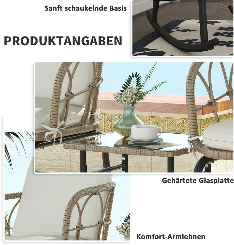 Lauko baldų komplektas Outsunny 3 dalių rotango supamųjų kėdžių komplektas, sodo baldų rinkinys su 2 supamosiomis kėdėmis, 1 kavos staliuku, sodo baldų komplektas su pagalvėlėmis