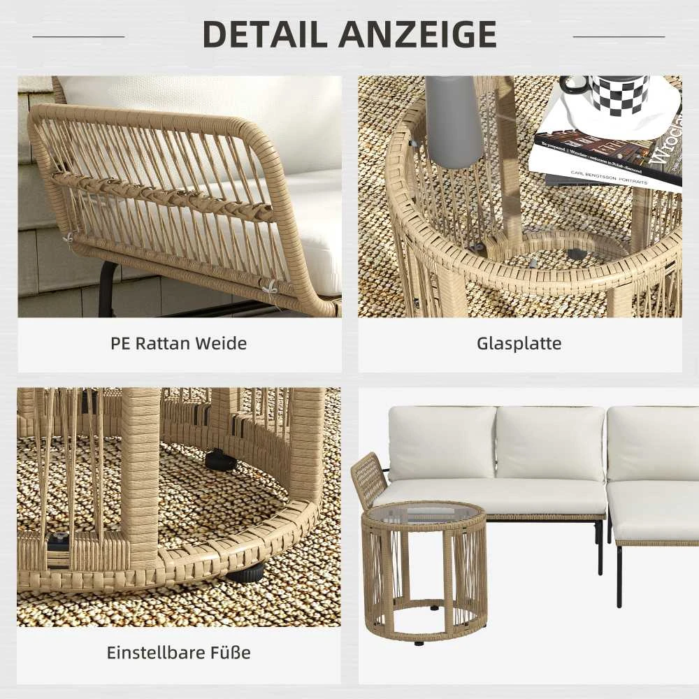 Lauko baldų komplektas Outsunny Rotango sodo baldų komplektas, sodo baldų rinkinys su gultu, kavos staliuku, dviviete sofa ir sėdynės pagalvėlėmis, kreminės spalvos