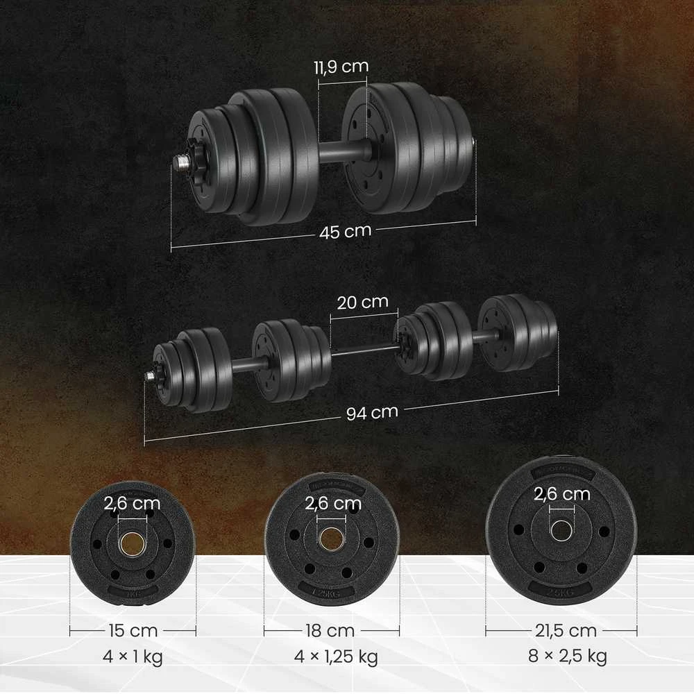 SONGMICS 2-in-1 hanteliai, hantelių rinkinys su jungiamuoju plieniniu vamzdžiu, 2 x 15 kg, juodos spalvos