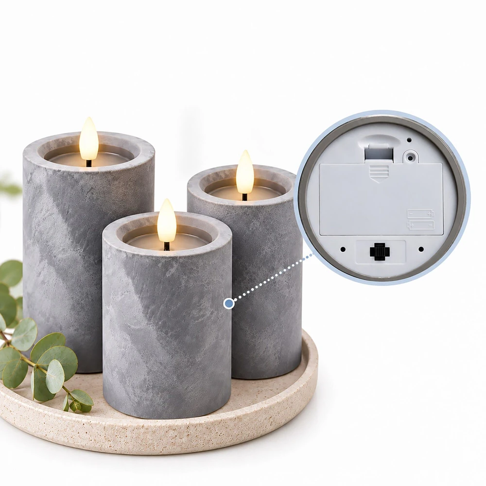 Relaxdays 3 LED žvakių rinkinys, betono imitacijos apdaila, mirganti liepsna, 6 val. laikmatis, pilkas plastikas