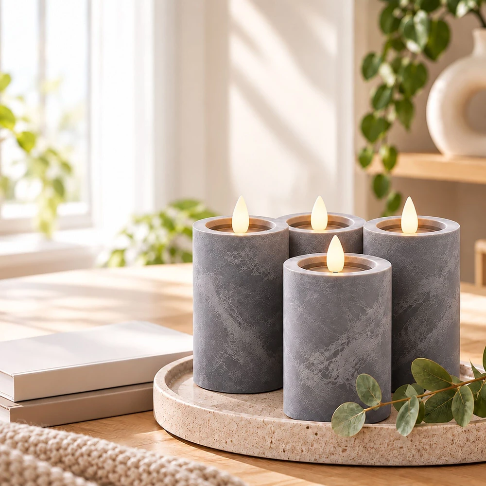 Relaxdays 4 LED žvakių rinkinys, betono imitacijos apdaila, mirganti liepsna, su laikmačiu, pilkas plastikas
