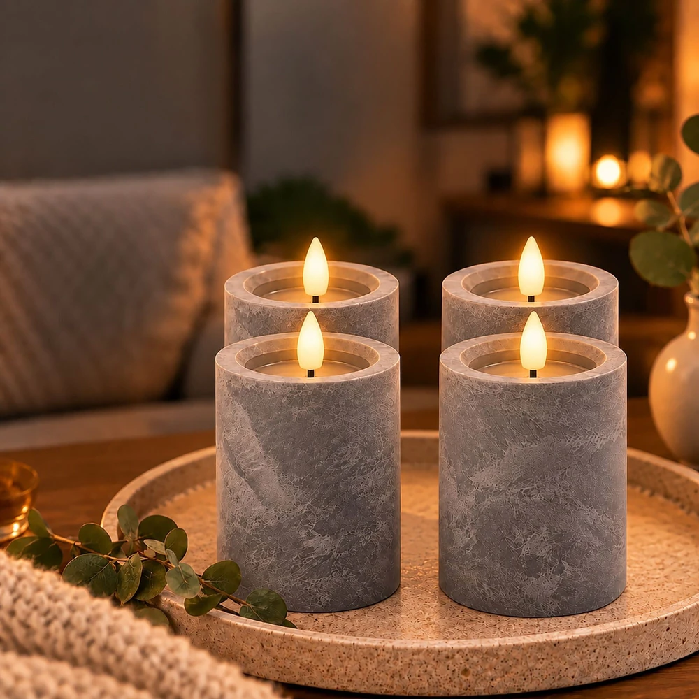 Relaxdays 4 LED žvakių rinkinys, betono imitacijos apdaila, mirganti liepsna, su laikmačiu, pilkas plastikas