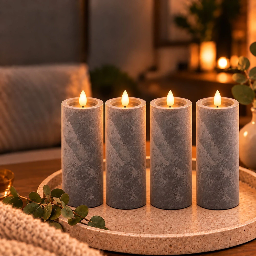 Relaxdays 4 LED žvakių rinkinys, betono imitacijos apdaila, mirganti liepsna, su laikmačiu, pilkas plastikas