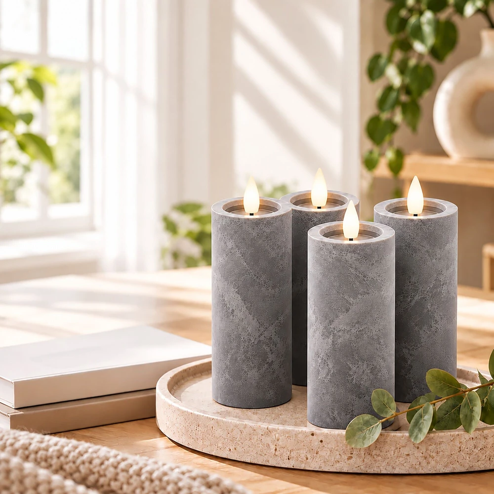 Relaxdays 4 LED žvakių rinkinys, betono imitacijos apdaila, mirganti liepsna, su laikmačiu, pilkas plastikas
