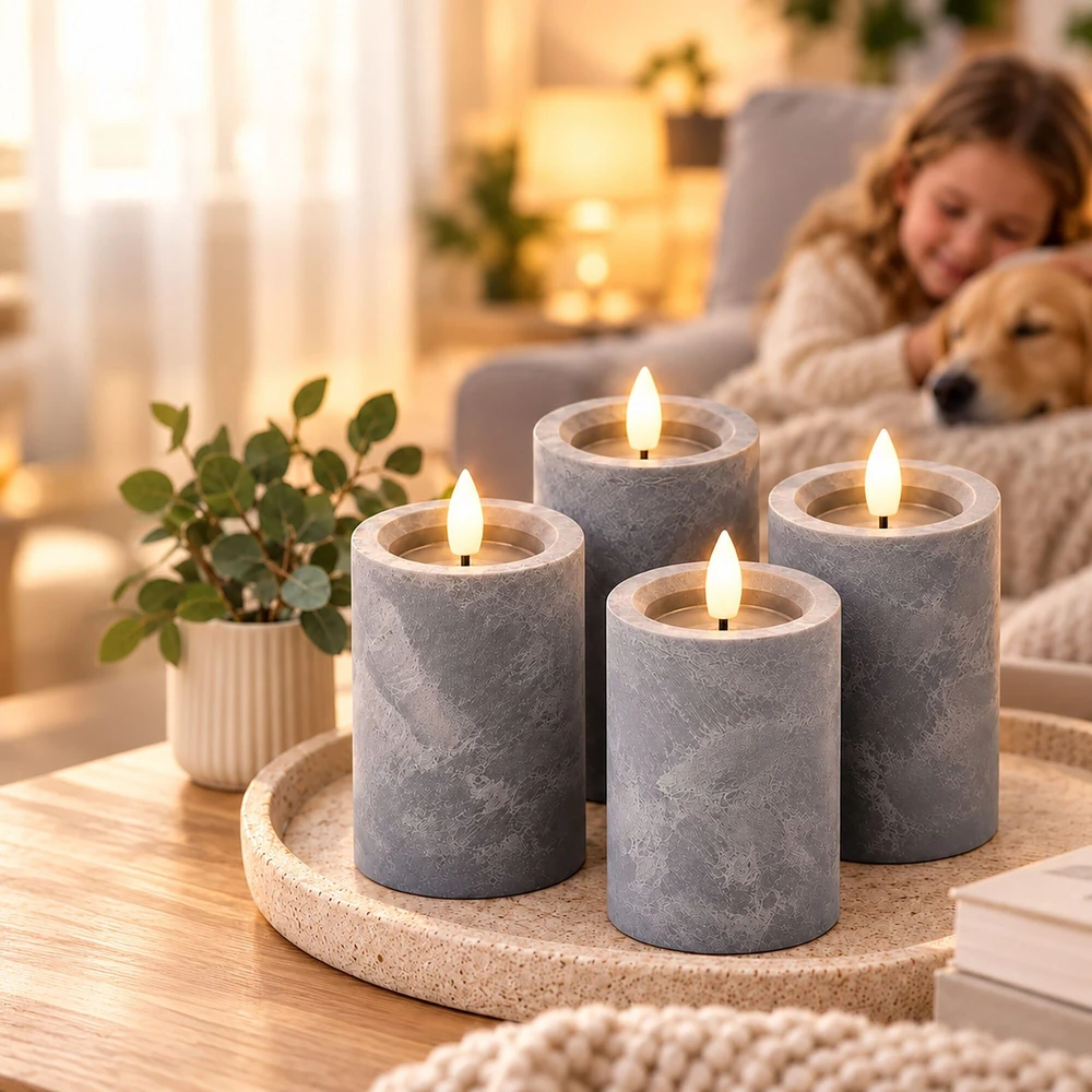 Relaxdays 4 LED žvakių rinkinys, betono imitacijos apdaila, mirganti liepsna, su laikmačiu, pilkas plastikas