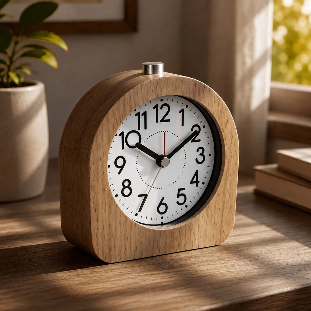 Relaxdays Analoginis žadintuvas iš buko medienos prie lovos, tylus mechanizmas, atidėjimo funkcija