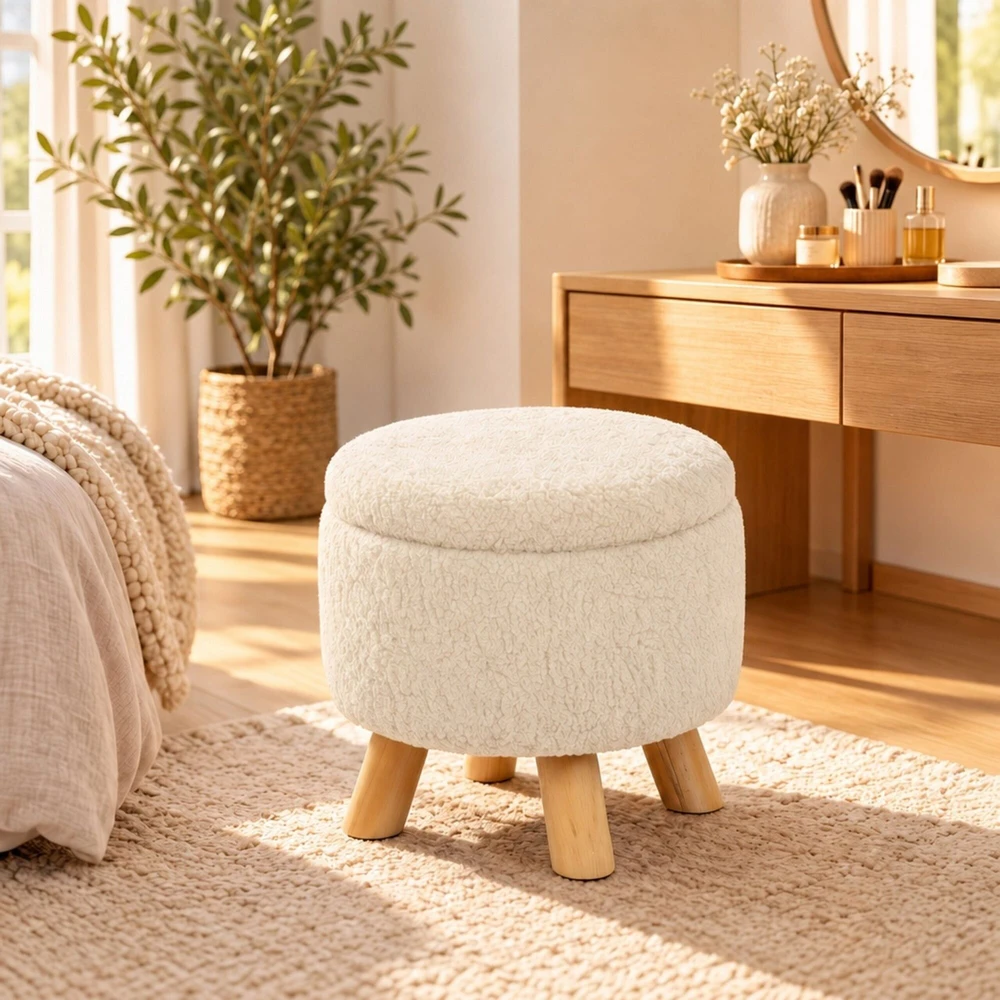 Relaxdays Apvalus daiktadėžė-pufas teddy audinio ir buklė užvalkalu, mediniai pagrindai, dangtis kaip padėklas