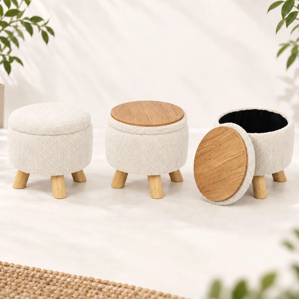 Relaxdays Apvalus daiktadėžė-pufas teddy audinio ir buklė užvalkalu, mediniai pagrindai, dangtis kaip padėklas