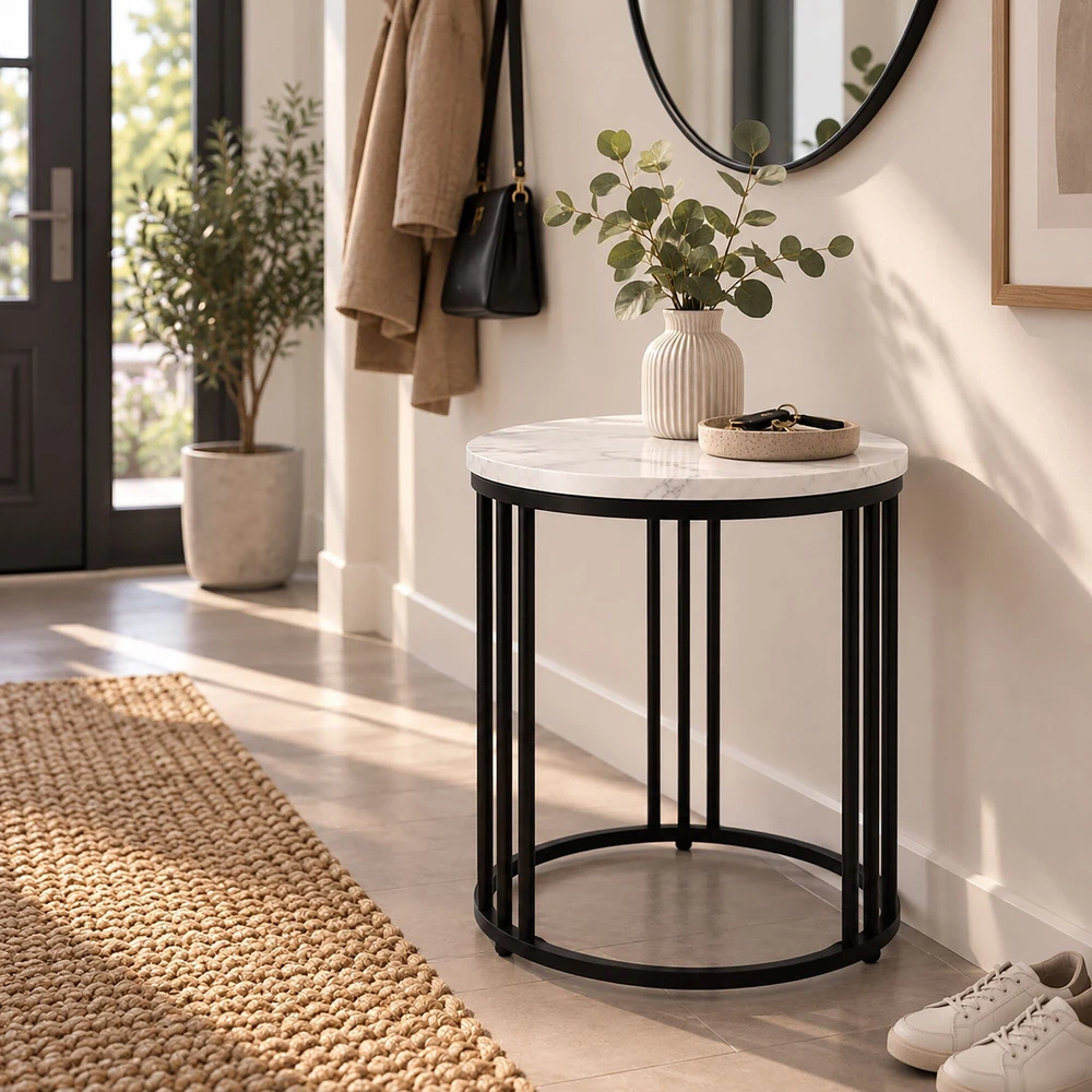 Relaxdays Apvalus šoninis staliukas su marmuro imitacija, metalinis rėmas, 3 kojos