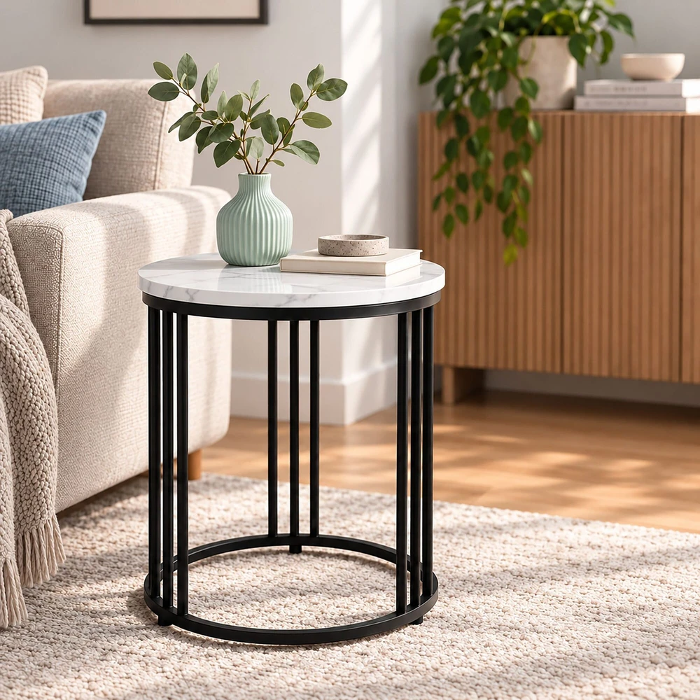 Relaxdays Apvalus šoninis staliukas su marmuro imitacija, metalinis rėmas, 3 kojos