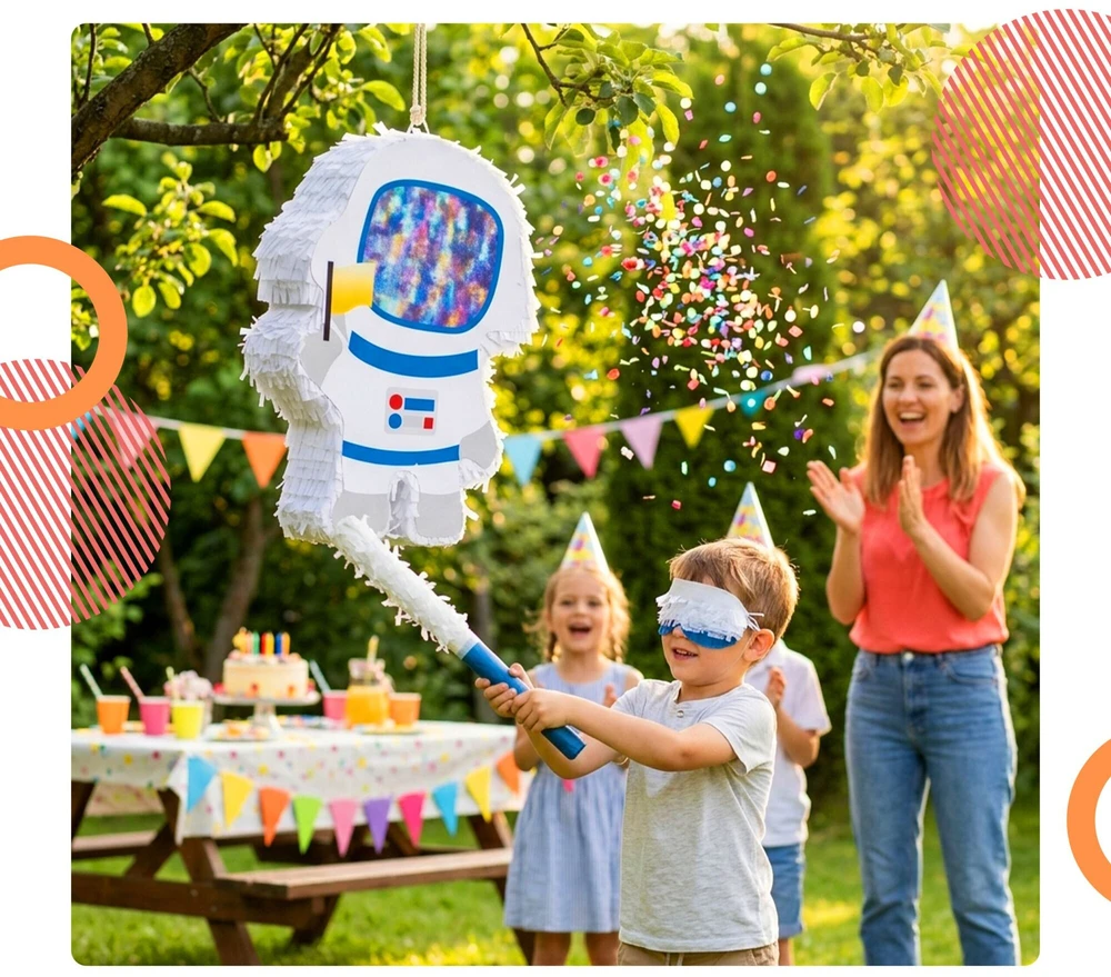 Relaxdays Astronauto piñatos rinkinys su lazda ir kauke